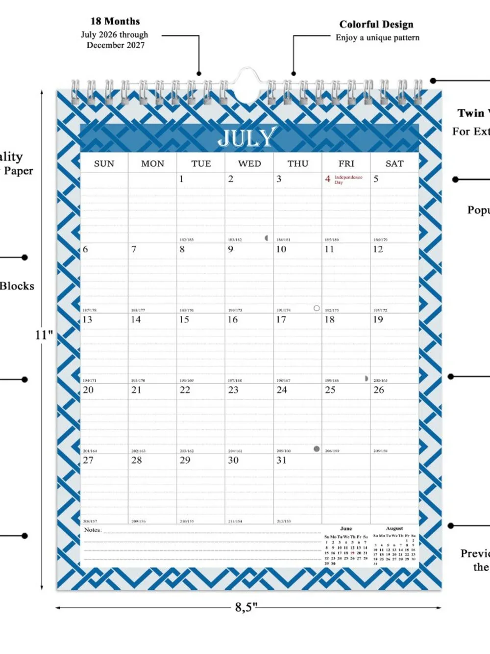 2026-2027 Wall Calendar Spiral-bound Twin-Wire Binding - 18 Months 8.5